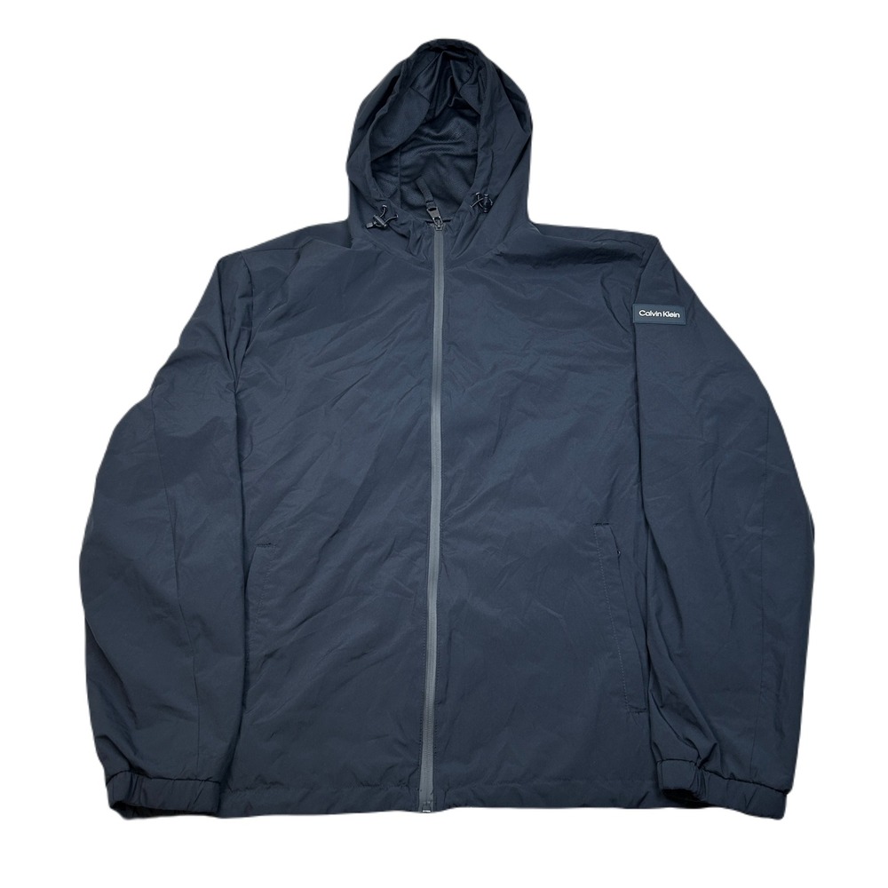 Calvin‎ Klein Windbreaker Jacket Mens XL Black Lightweight Hooded Full Zip